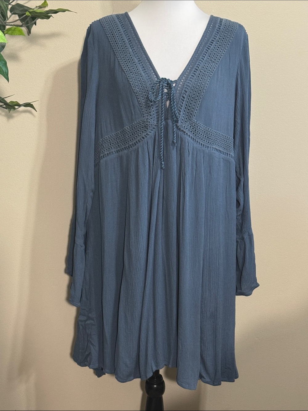 Bohemian Tie-Front V-Neck Long Sleeve Dress - Slate Blue